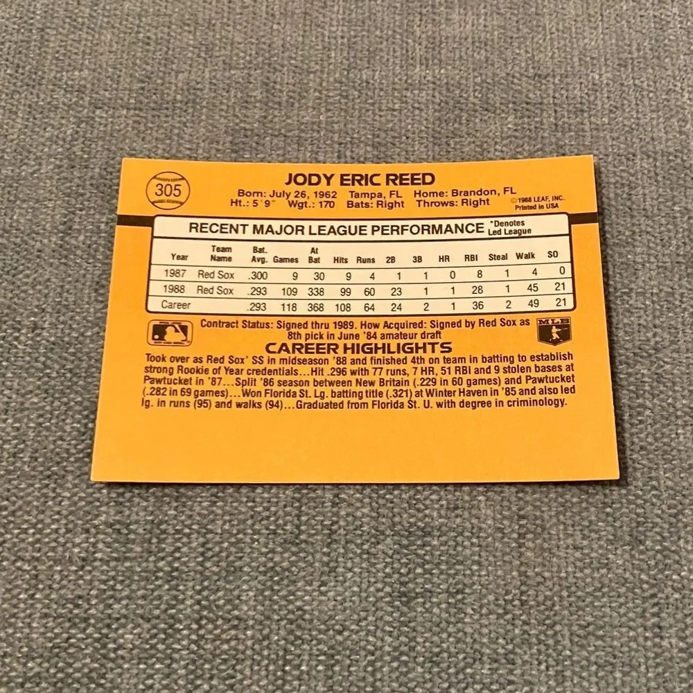 1989 Donruss Boston Red Sox Baseball Card Trading Card